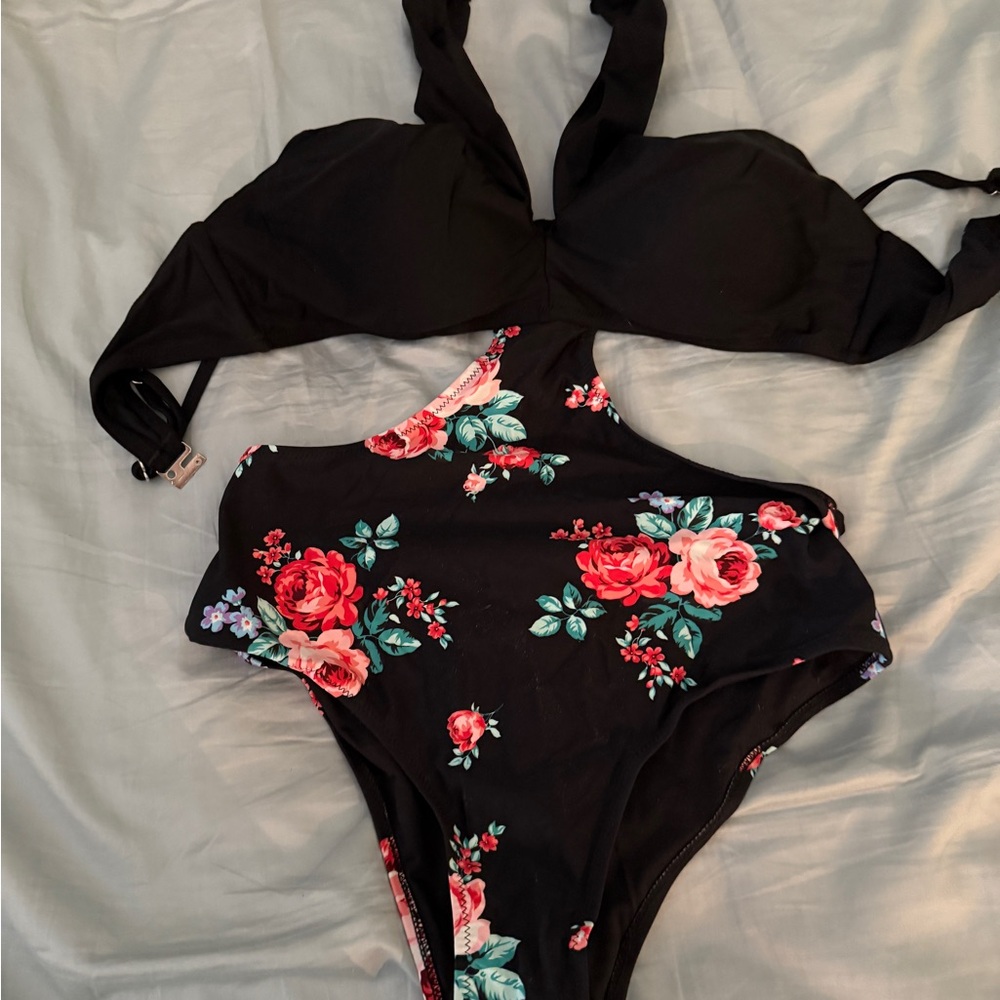 Womens Black Floral One-Piece cutout Swimsuit